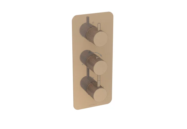 Saneux Cos 2 Way 3 Handle Thermostatic Shower Valve Kit - W/ Knurled Handle - Portrait - Brushed Bronze (pvd)