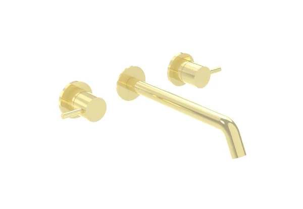 Saneux Cos 3 Tap Hole Wall Mounted Basin Mixer Kit - W/ Long Spout (220mm) W/ Classic Handle - Brushed Brass (pvd)