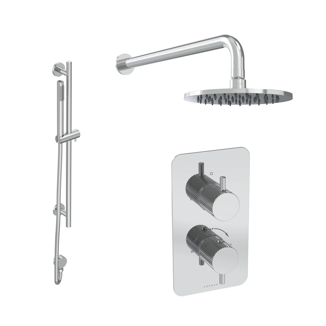 Saneux Cos 2 Way Shower Kit - W/ Slim Handset & Slider Rail & Shower Head - Knurled - Chrome