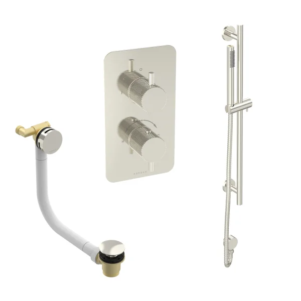 Saneux Cos 2 Way Shower Kit - W/ Slim Handset & Slider Rail & Bath Filler - Knurled - Brushed Nickel