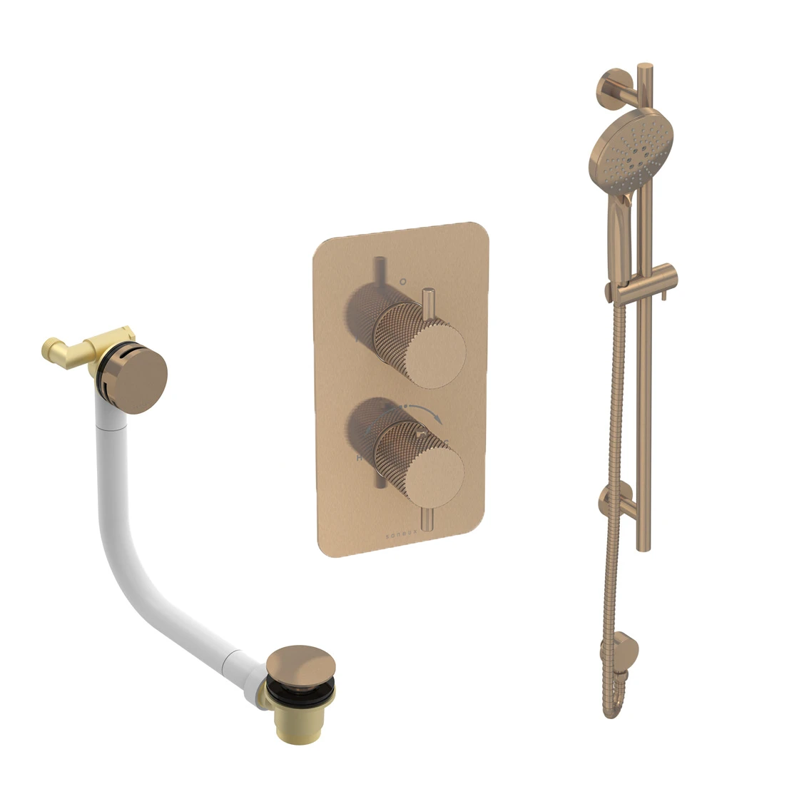 Saneux Cos 2 Way Shower Kit - W/ 3 Function Handset & Slider Rail & Bath Filler - Knurled - Brushed Bronze