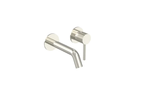 Saneux Cos 2 Plate Wall Mounted Basin Mixer Kit - W/ Short Spout (130mm) W/ Knurled Handle - Brushed Nickel (pvd)