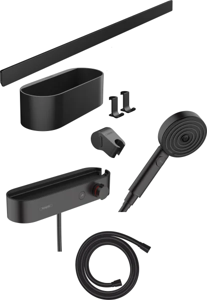 Hansgrohe Wallstoris Bundle Hand Shower 105 3jet Activation Ecosmart, Thermostat, Wall Bar 70 Cm And Storage Set Matt Black