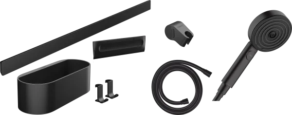 Hansgrohe Wallstoris Bundle Hand Shower 105 3jet Activation Ecosmart, Wall Bar 70 Cm And Storage Set Matt Black