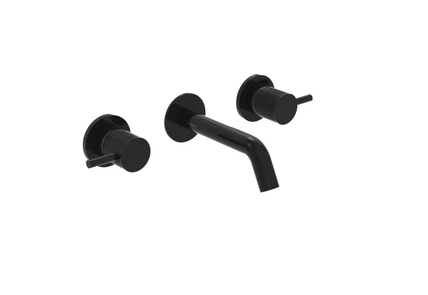 Saneux Cos 3 Tap Hole Wall Mounted Basin Mixer Kit - W/ Short Spout (130mm) W/ Fluted Handle - Satin Black (pvd)