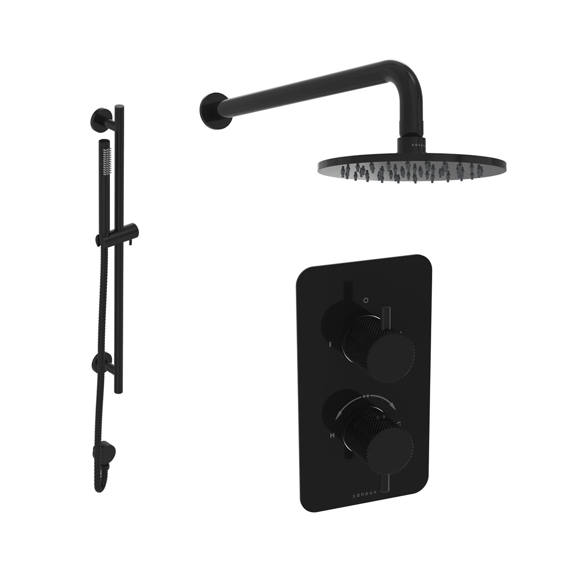 Saneux Cos 2 Way Shower Kit - W/ Slim Handset & Slider Rail & Shower Head - Knurled - Satin Black