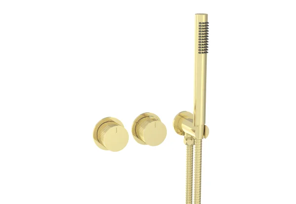 Saneux Cos 2 Way Thermostatic Shower Ring Valve Kit - W/ Fluted Handle & Handset - Portrait & Landscape - Brushed Brass