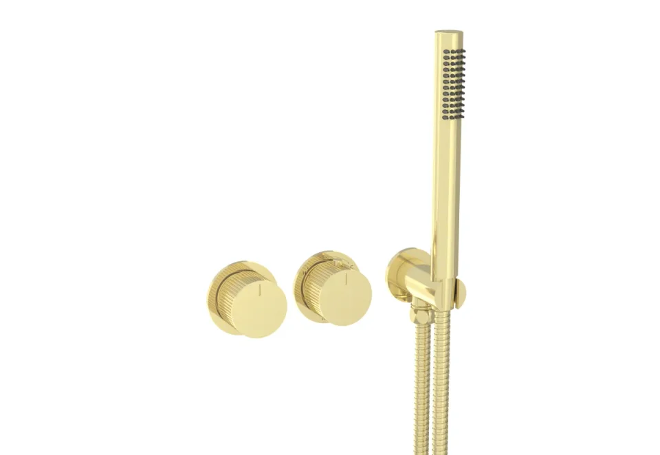 Saneux Cos 2 Way Thermostatic Shower Ring Valve Kit - W/ Fluted Handle & Handset - Portrait & Landscape - Brushed Brass product image - Image 1