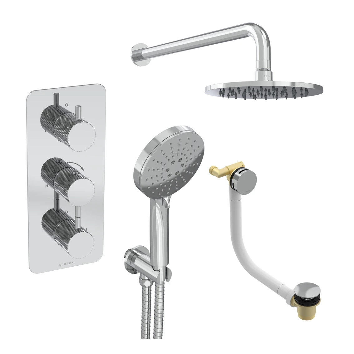 Saneux Cos 3 Way Shower Kit - W/ 3 Function Handset & Bath Filler & Shower Head - Knurled - Chrome