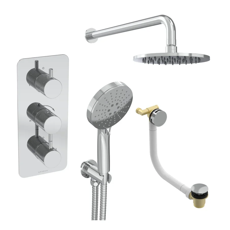 Saneux Cos 3 Way Shower Kit - W/ 3 Function Handset & Bath Filler & Shower Head - Knurled - Chrome product image - Image 1