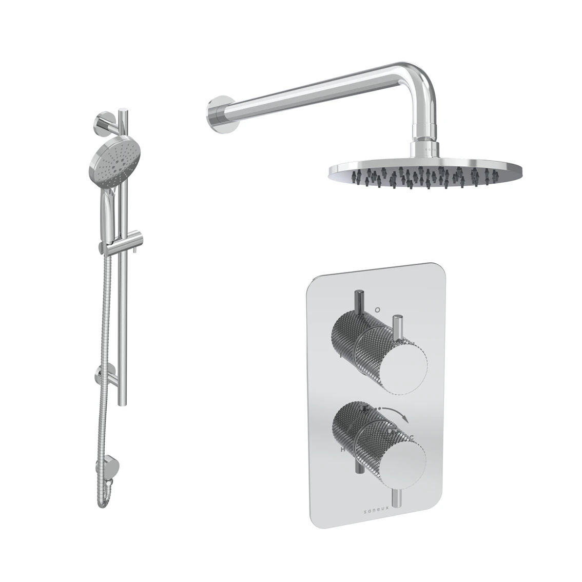 Saneux Cos 2 Way Shower Kit - W/ 3 Function Handset & Slider Rail & Shower Head - Knurled - Chrome