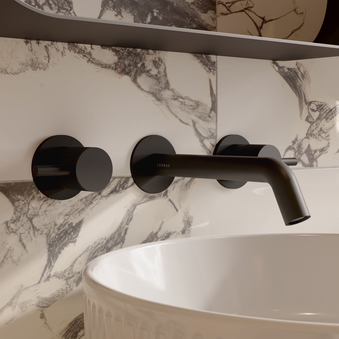 Saneux Cos 3 Tap Hole Wall Mounted Basin Mixer Kit - W/ Classic Spout (170mm) W/ Fluted Handle - Satin Black (pvd) detail view - Image 2