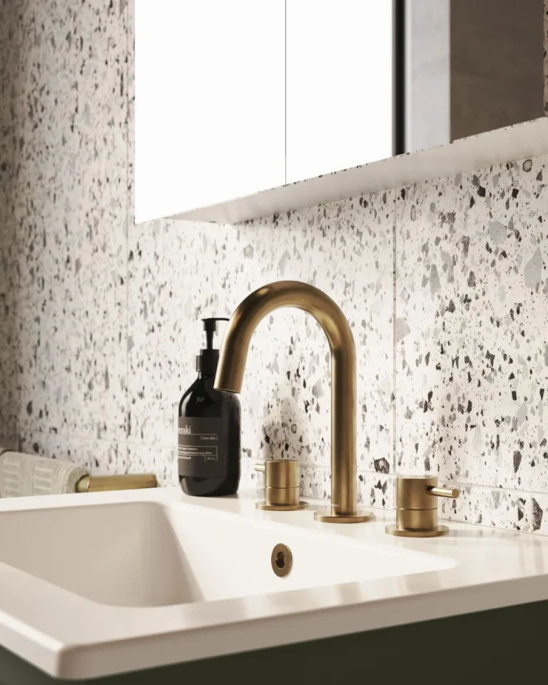 Saneux Cos 3 Piece Deck Mounted Basin Mixer - Brushed Brass detail view - Image 2