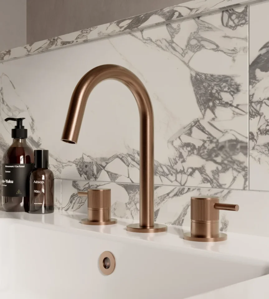 Saneux Cos 3 Tap Hole Deck Mounted Basin Mixer Kit - W/ Fluted Handle - Brushed Bronze (pvd) detail view - Image 2