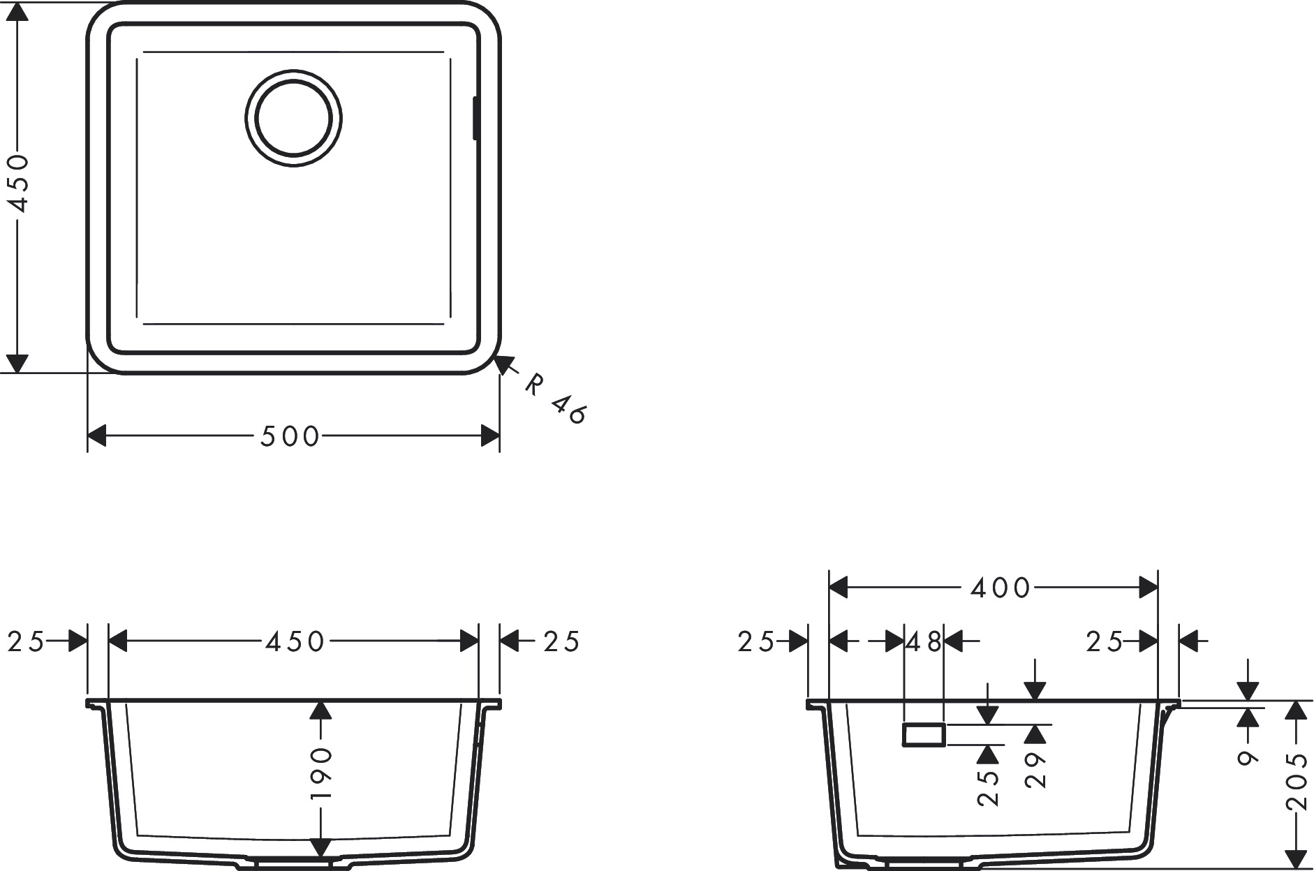 Hansgrohe S51 Sinks 725 X 590 X 315mm Black detail view - Image 2
