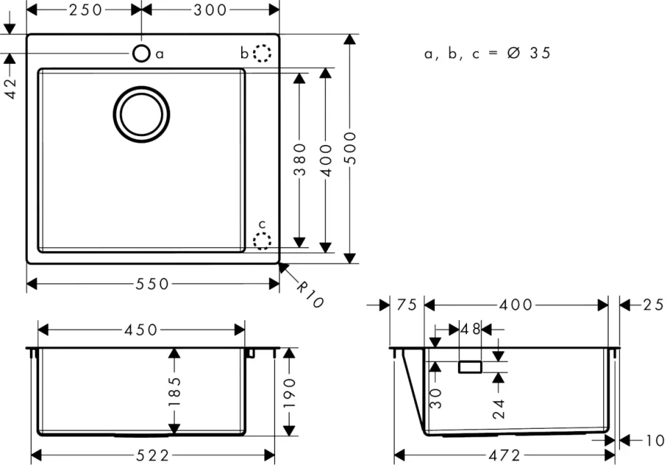 Hansgrohe S71 Sinks 680 X 650 X 220mm Stainless Steel detail view - Image 2