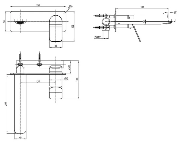 Crosswater Glide Ii Basin Set Single Plate Wall Mounted Brushed Brass technical drawing - Image 2
