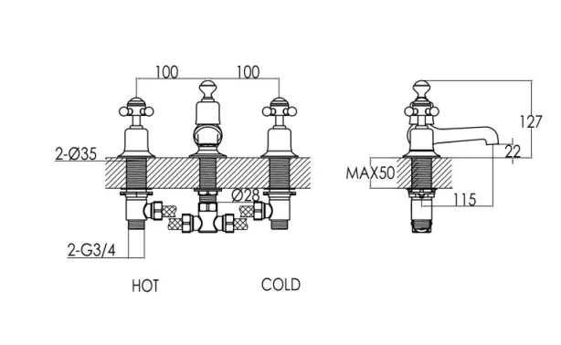 Just Taps Grosvenor Cross 3 Hole Deck Mounted Bath Filler Tap Chrome technical drawing - Image 2