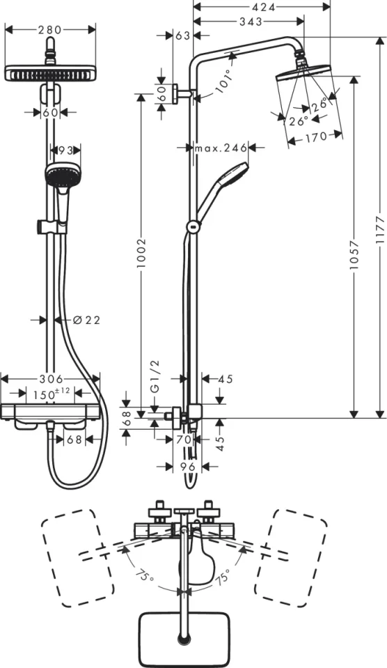 Hansgrohe Croma E Showerpipes With Thermostatic Mixer 1105 X 360 X 112mm Chrome detail view - Image 2