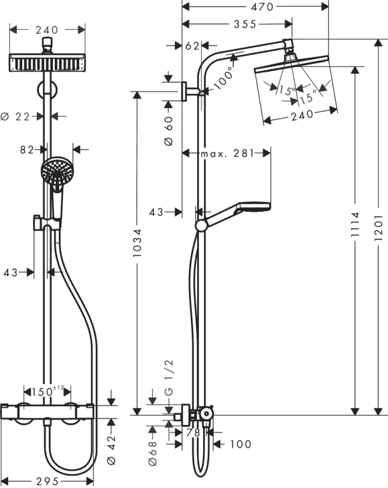 Hansgrohe Crometta E Showerpipes With Thermostatic Mixer 1100 X 360 X 110mm Chrome detail view - Image 2