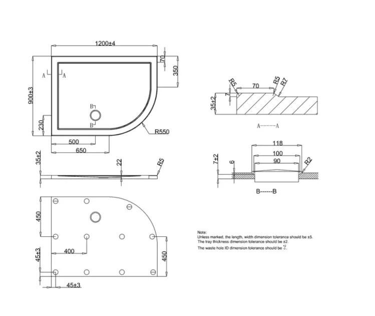 Crosswater Offset Quadrant Right Hand 35mm Acrylic Shower Tray 900 x 1200mm technical drawing - Image 2