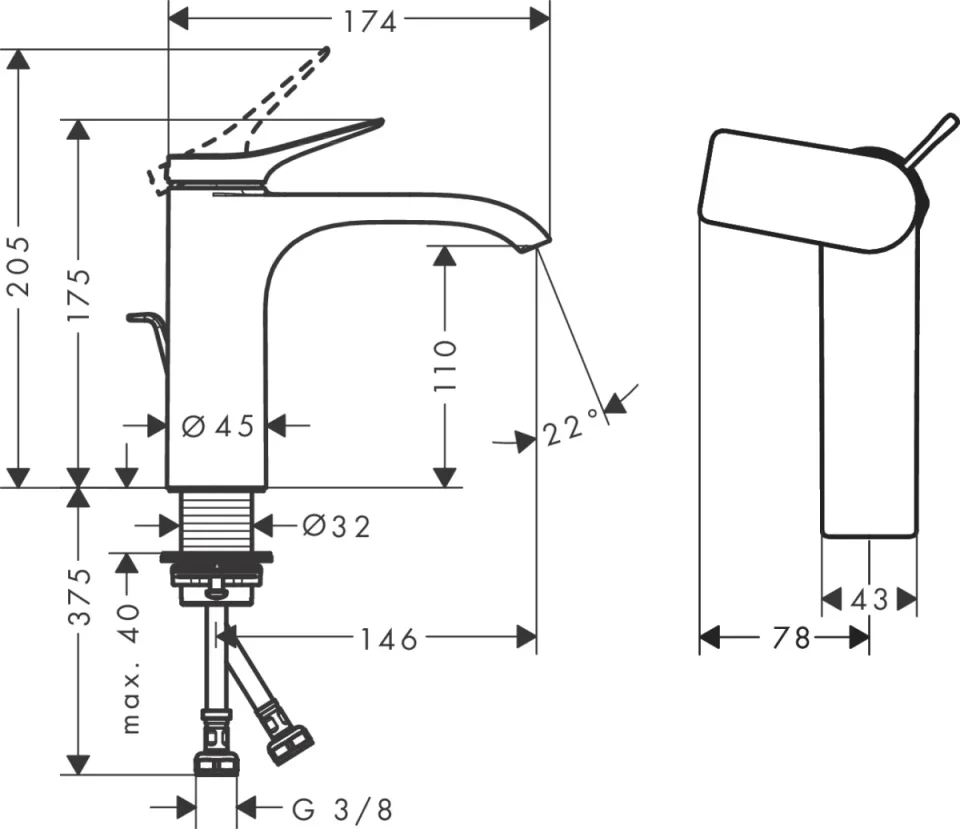 Hansgrohe Vivenis Bas.m.110 Coolst.w.pop Upchrome technical drawing - Image 2