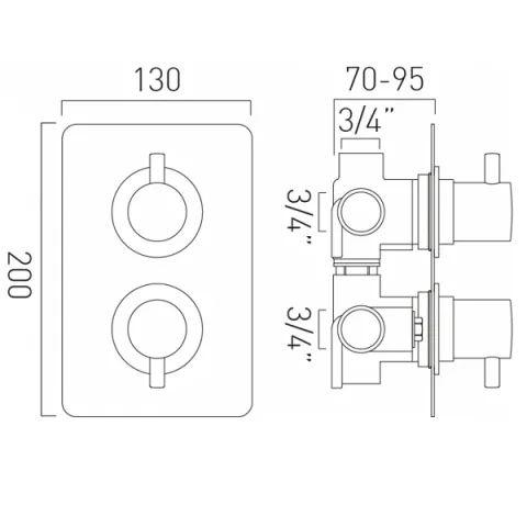Vado Dx Celsius 3 Outlet 2 Handle Concealed Thermostatic Valve Soft Square Backplate Chrome technical drawing - Image 2
