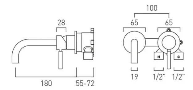 Vado Individual Origins Slimline 2 Hole Wall Mounted Single Lever Basin Mixer With 180mm Spout Brushed Black technical drawing - Image 2