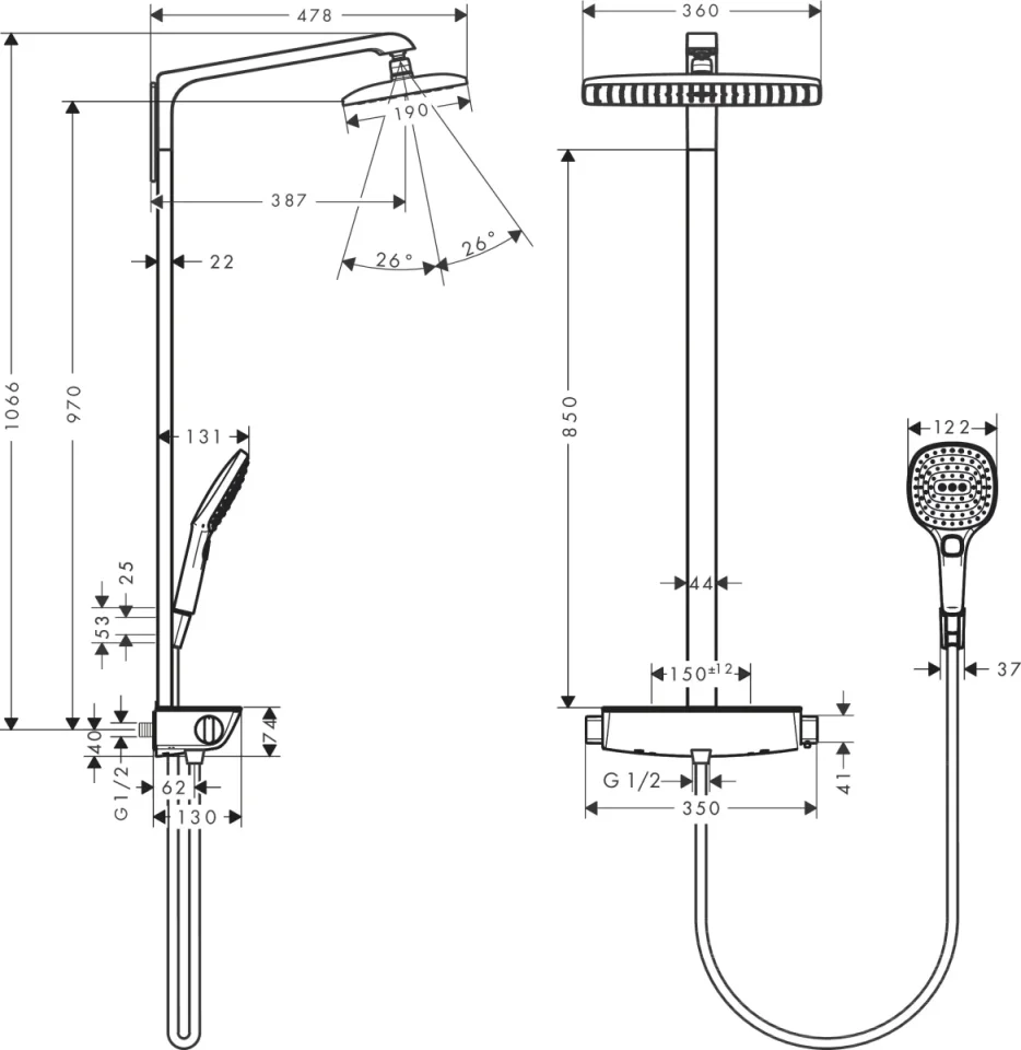 Hansgrohe Raindance E Showerpipes With Thermostatic Mixer 1020 X 355 X 169mm White/chrome detail view - Image 3