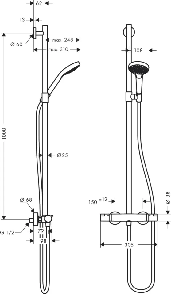 Hansgrohe Croma Select S Showerpipes With Thermostatic Mixer 1100 X 360 X 110mm White/chrome detail view - Image 2