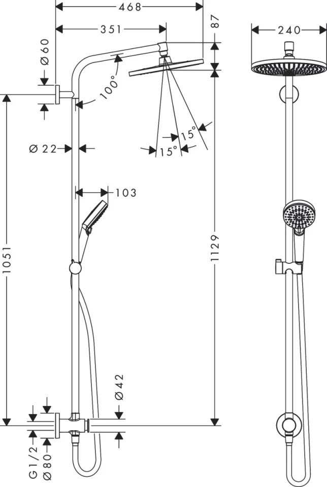 Hansgrohe Crometta S Shower Pipes Universal 1100 X 360 X 120mm Chrome detail view - Image 2