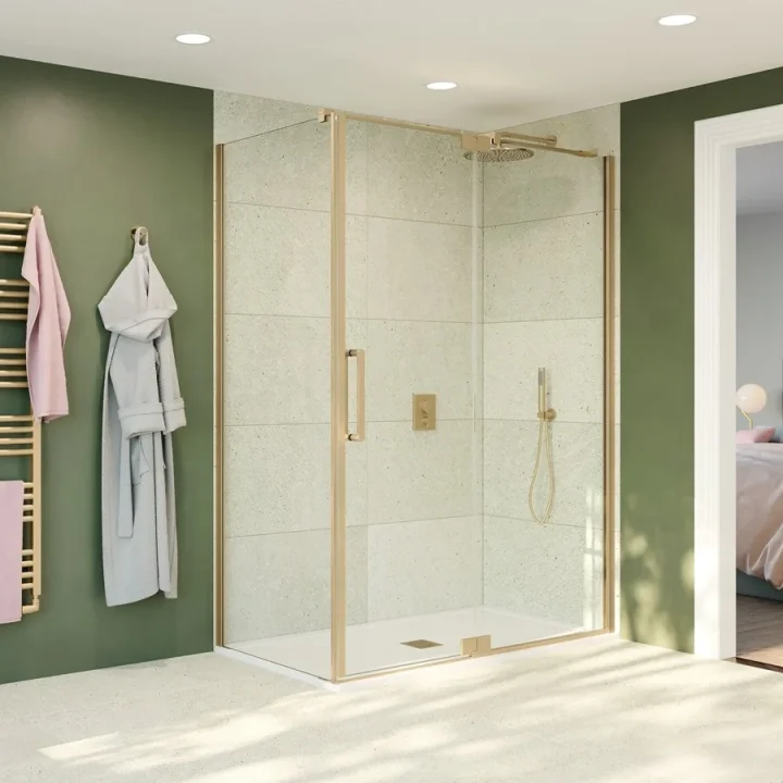 Crosswater Optix 10 Pivot 10mm Shower Door with Inline Panel 800mm Brushed Brass detail view - Image 2