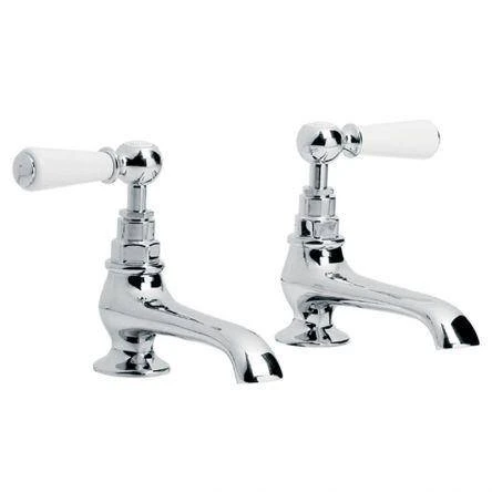 Lefroy Brooks Classic White Lever Long Nose Basin Pillar Taps - Nickel