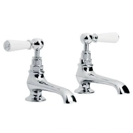 Lefroy Brooks Classic White Lever Long Nose Basin Pillar Taps - Nickel