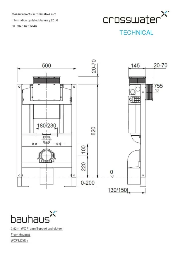 Crosswater 0.82m High Toilet Wc Frame/cistern Top/front technical drawing - Image 2