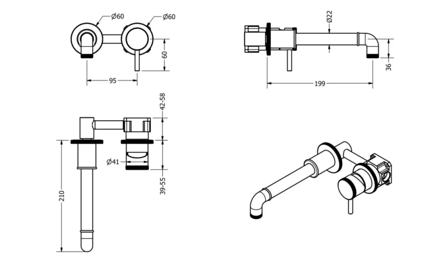Crosswater MPRO Industrial 2 Hole Basin Set Brushed Brass Unlaquered technical drawing - Image 3