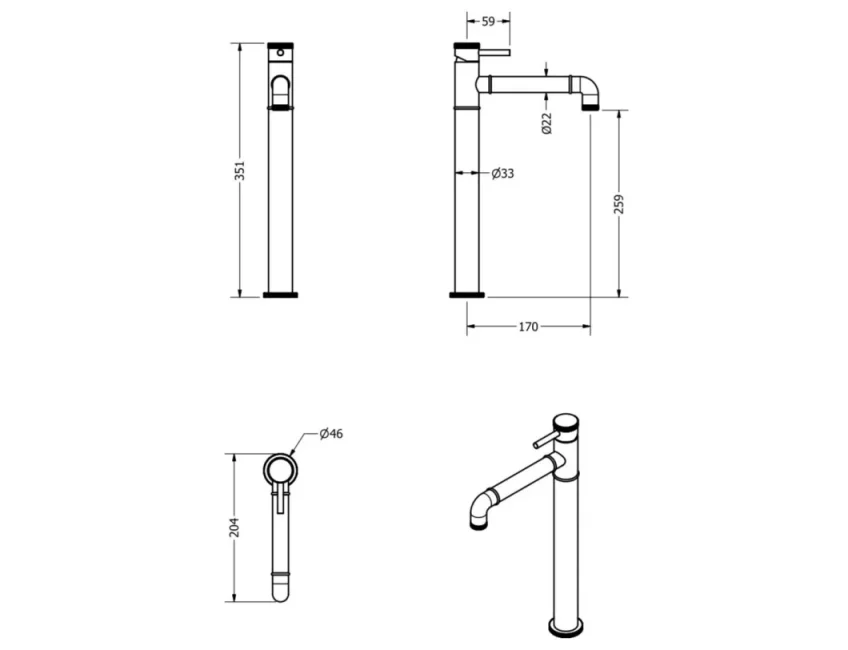 Crosswater MPRO Industrial Basin Tall Monobloc without Waste Brushed Brass Unlaquered technical drawing - Image 2