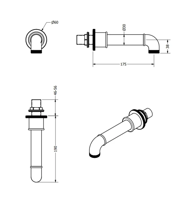 Crosswater MPRO Industrial Bath Spout Wall Mounted Brushed Brass Unlaquered technical drawing - Image 3