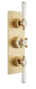 Booth & Co. 2 Outlet, 3 Handle Concealed Thermostatic Valve Brushed Brass & Crackled White