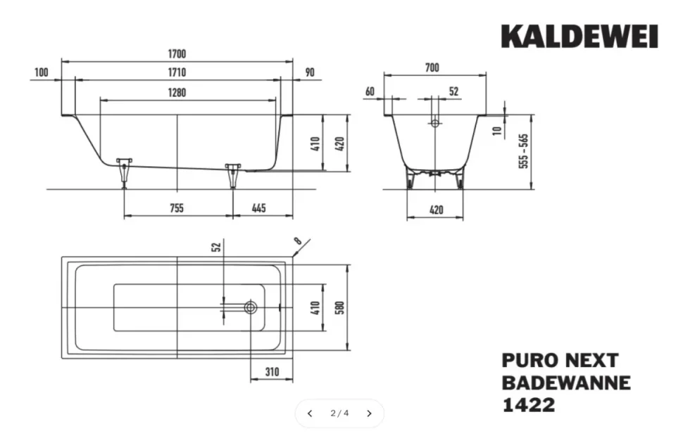 Kaldewei Puro Next 1700 x 700 Steel Enamelled Bath Alpine White technical drawing - Image 2