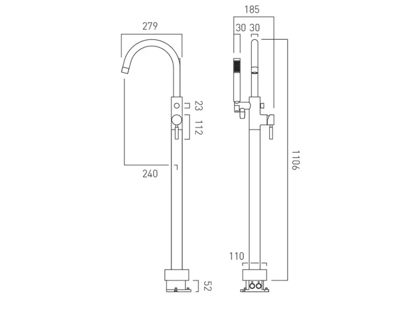 Vado Origins Bath Shower Mixer With Shower Kit Single Lever Floor Mounted With Swivel Spout Chrome technical drawing - Image 3