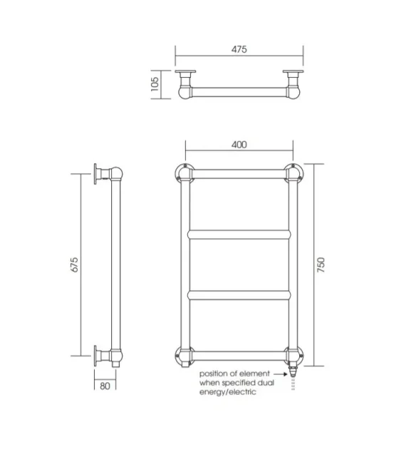 Vogue Vintage Towel Radiator Dual Energy - Chrome 750X475 technical drawing - Image 2