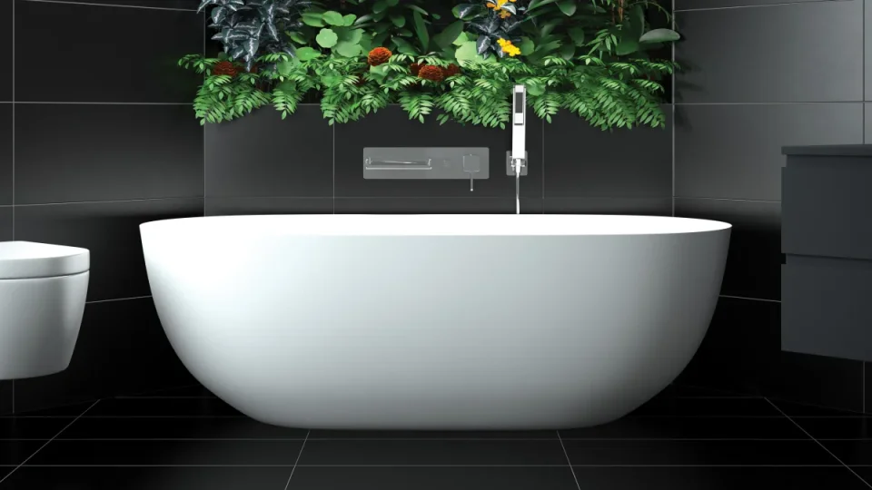 StoneKAST Pebble Mini Freestanding Bath 1500 x 760mm Matt White (Waste Included) detail view - Image 2