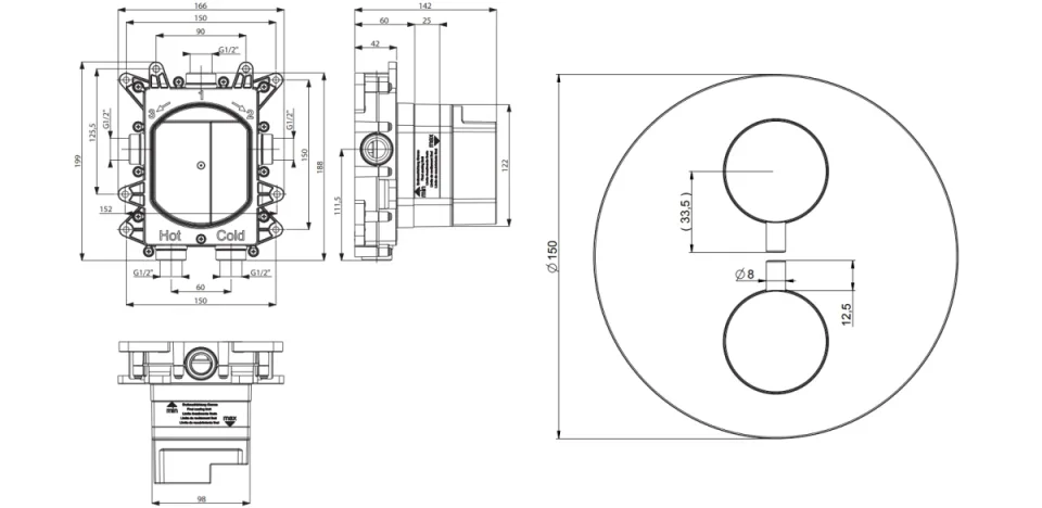 Crosswater Crossbox MPRO Industrial 1 Outlet Trim & Levers Brushed Brass Unlaquered technical drawing - Image 2