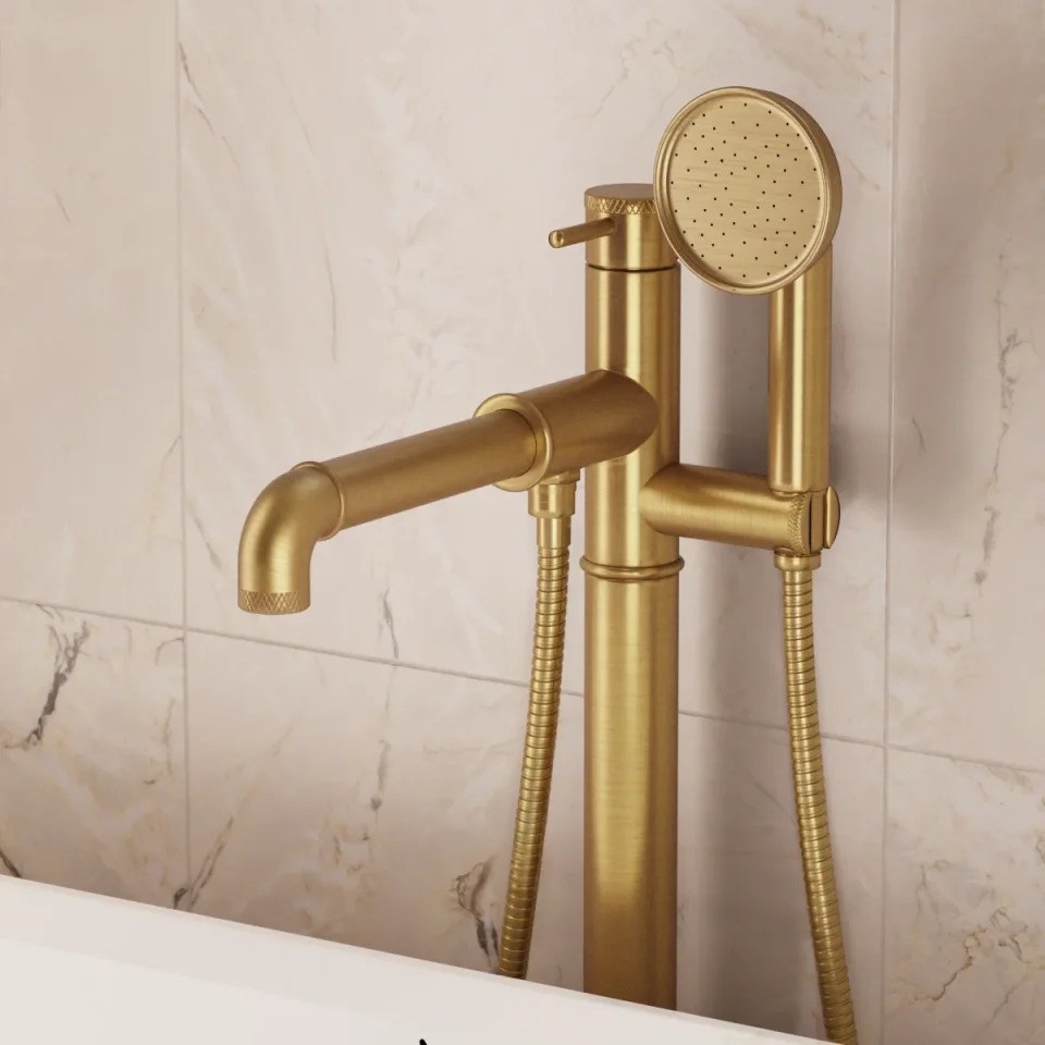 Crosswater MPRO Industrial Bath Shower Mixer Floor Standing Unlacquered Brushed Brass detail view - Image 3