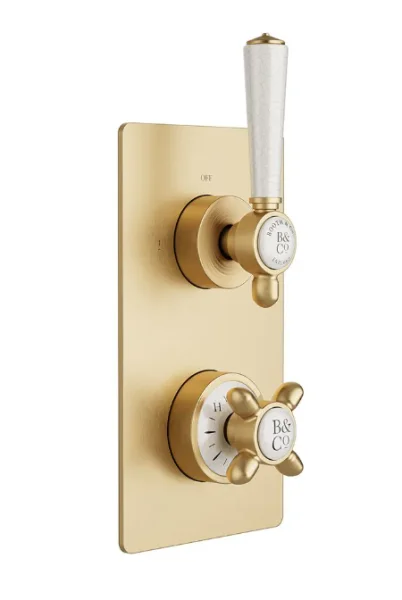 Booth & Co. 2 Outlet, 2 Handle Concealed Thermostatic Valve Brushed Brass & Crackled White