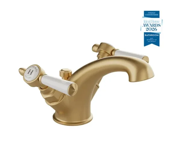 Booth & Co. Mono Basin Mixer With Pop-up Waste Brushed Brass & Crackled White product image - Image 1
