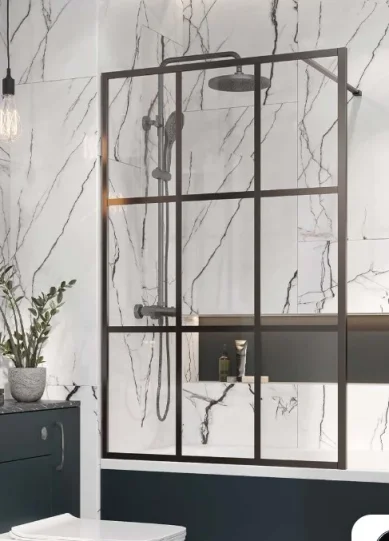 Cubico Amore Grid Frame Bath Screen Matt Black (clear Glass) product image - Image 1