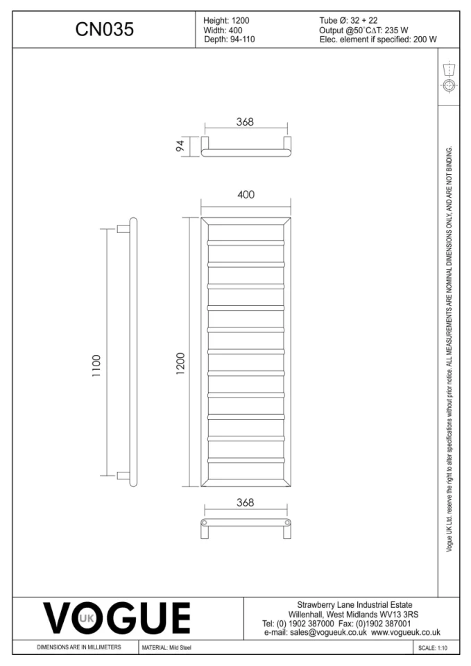 Vogue Smooth Towel Radiator Heating Only - Chrome 1200X400 technical drawing - Image 2