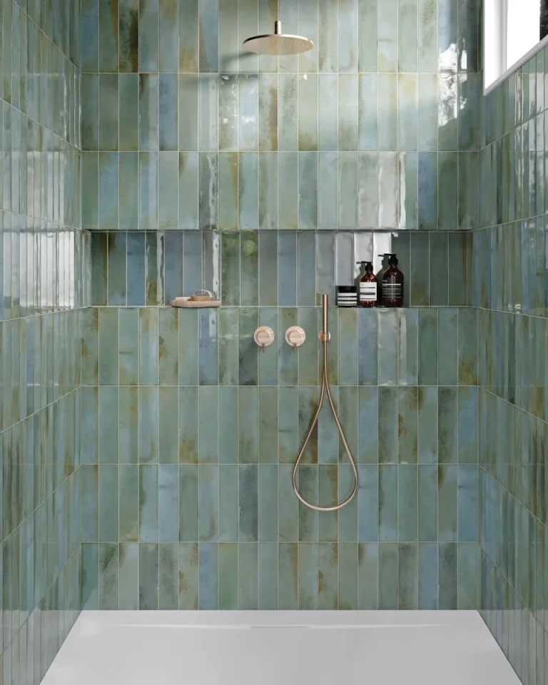 European Tiles Tokio Glow Mint Bronze Plain Textured Porcelain Glossy Wall Tile 7.5 X 30cm detail view - Image 5
